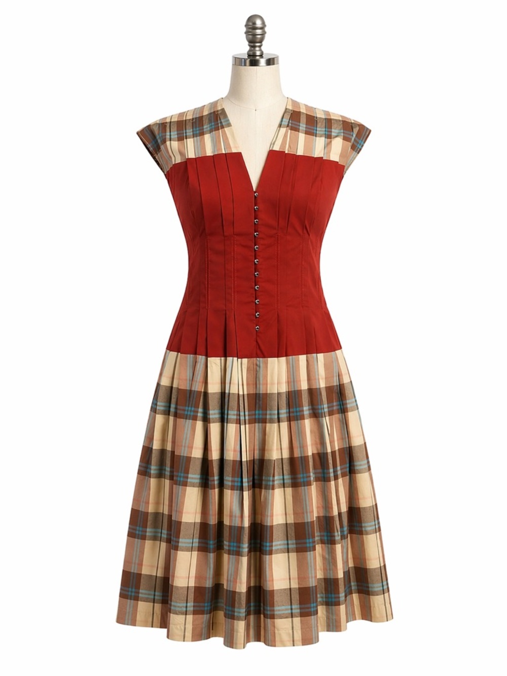 Tory Burch Clare McCardle Pleated Red Corset Bodice Plaid Fit-and-Flare Dress